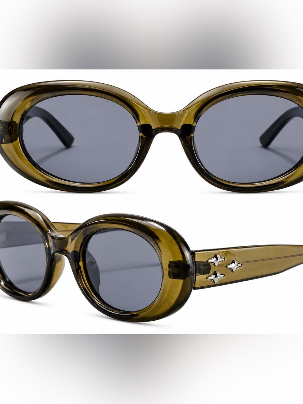 Olive Green Oval Sunglasses with Star Temple Accents